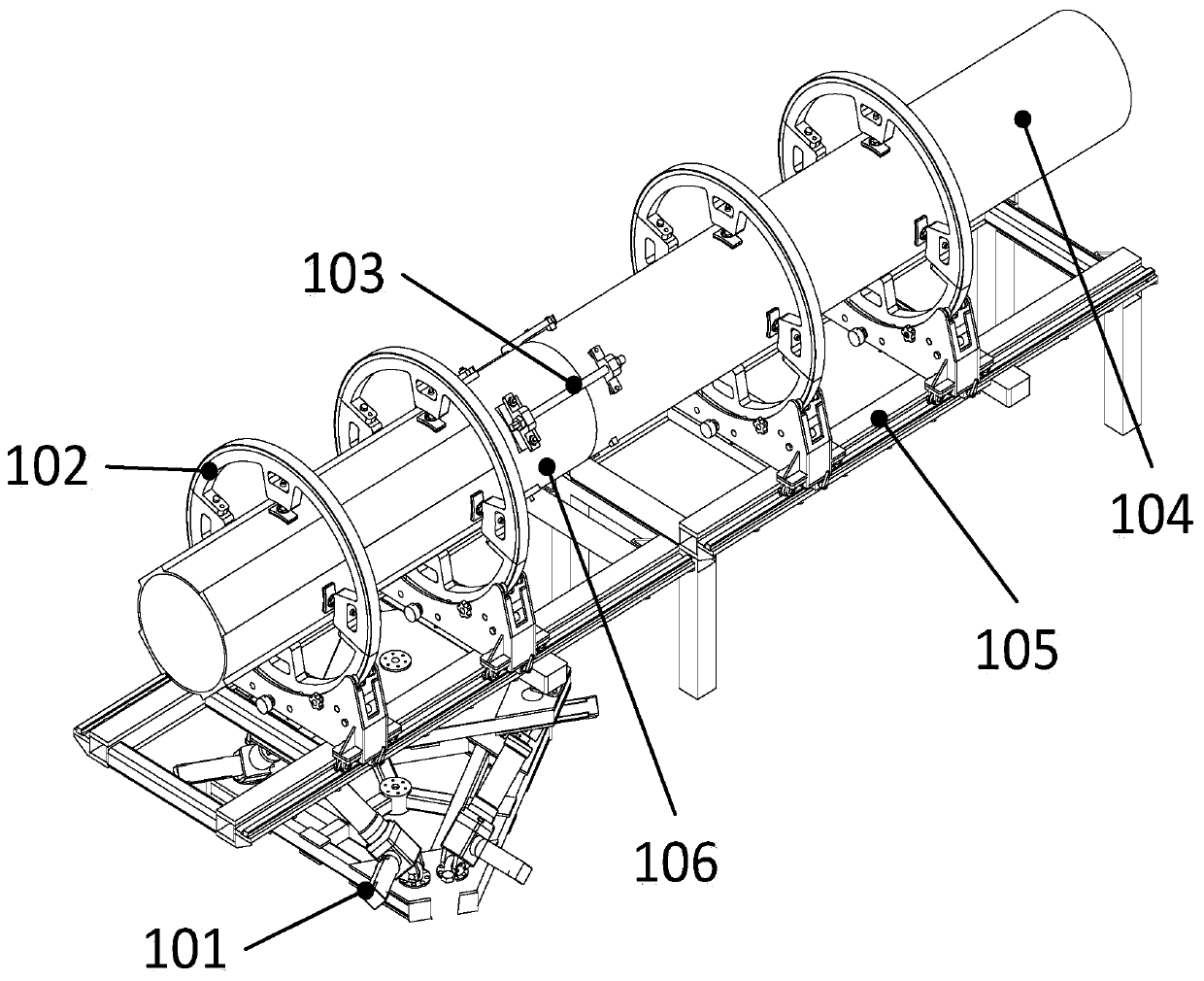 Cabin section rapid pose adjusting and tensioning device based on six-axis platform