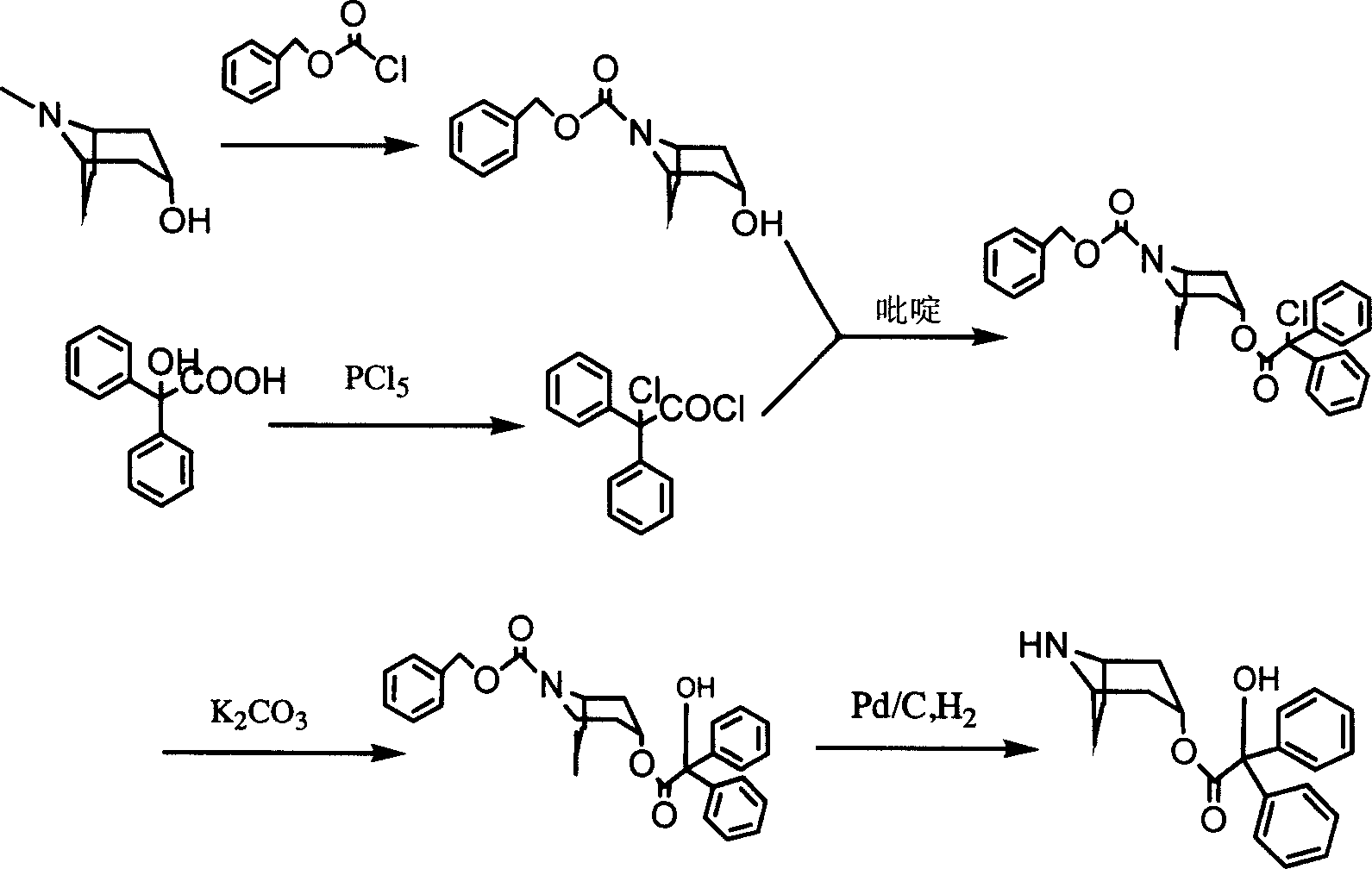 Alpha hydroxy - alpha phenyl phenylacetic acid 8 - aza dicyclo [3. 2. 1] - 3 heptyl ester, midbody compound, and preparation method