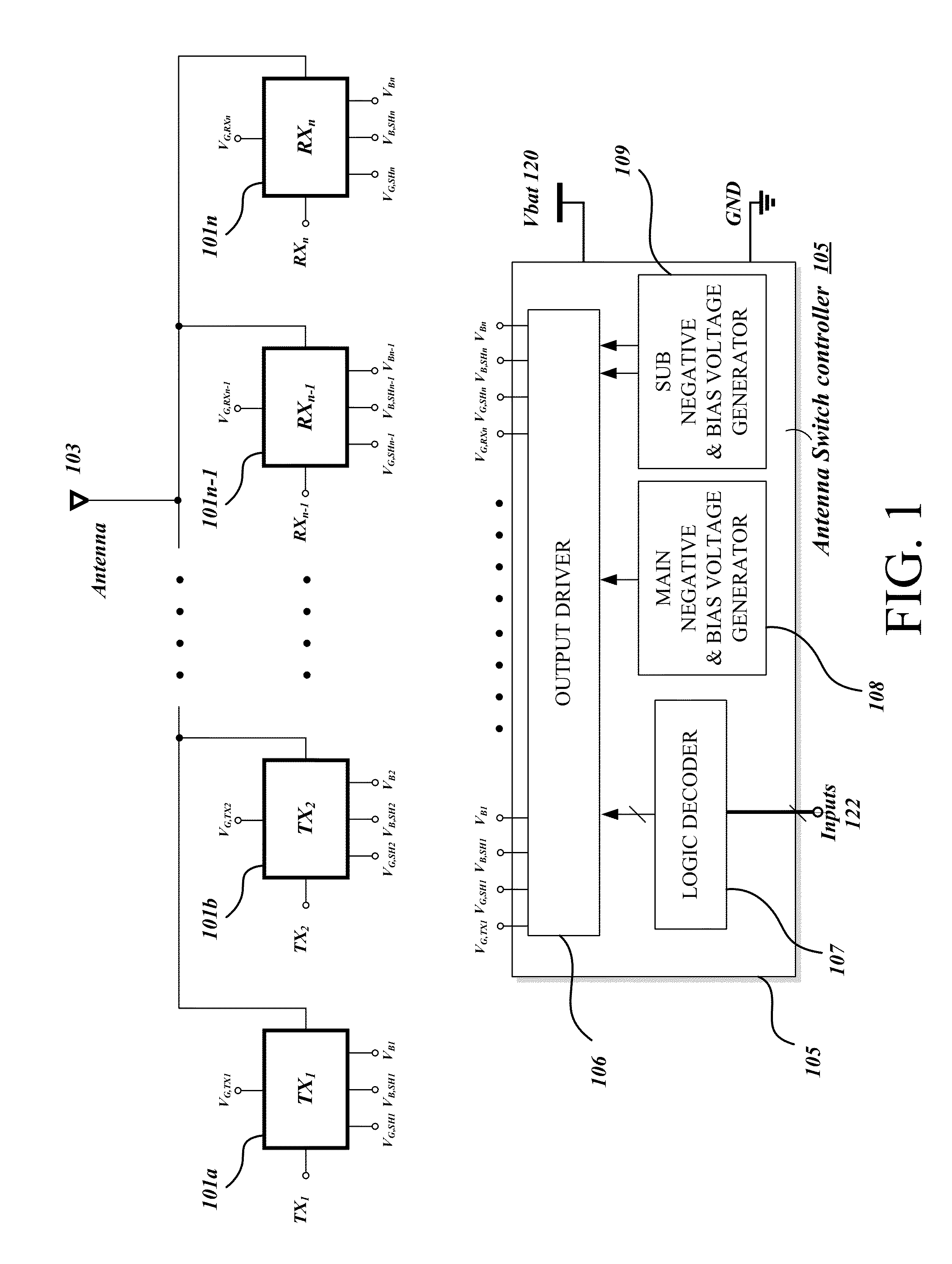 Systems, Methods, and Apparatuses for Negative-Charge-Pump-Based Antenna Switch Controllers Utilizing Battery Supplies
