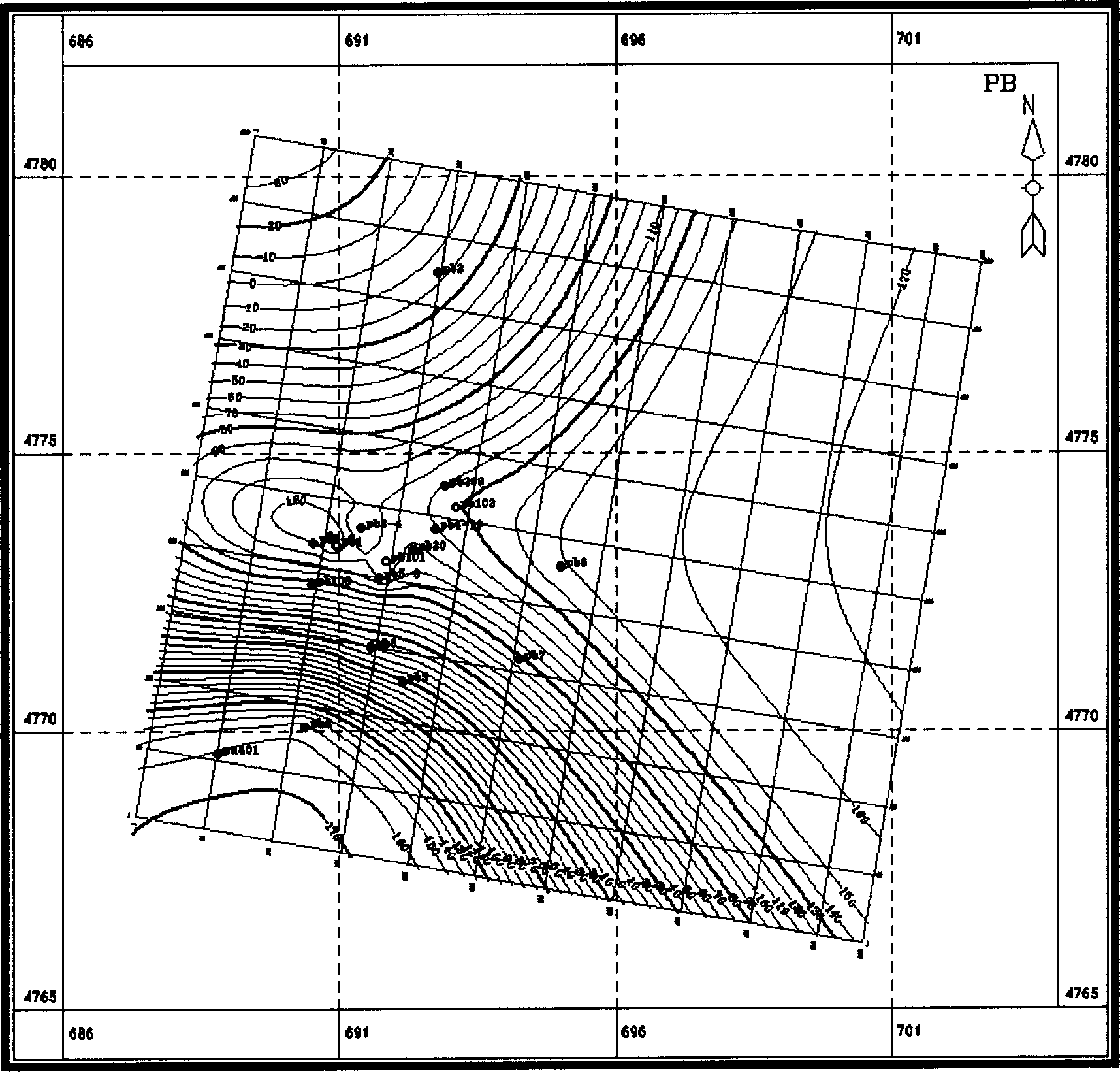 Rectangular net gridding method for painting contour graph containing rift geological structure