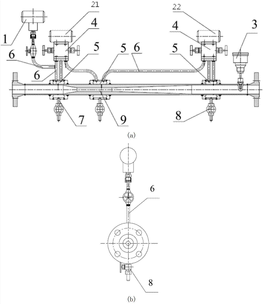 Double differential pressure moisture flow measuring device based on long-throat-neck venturi
