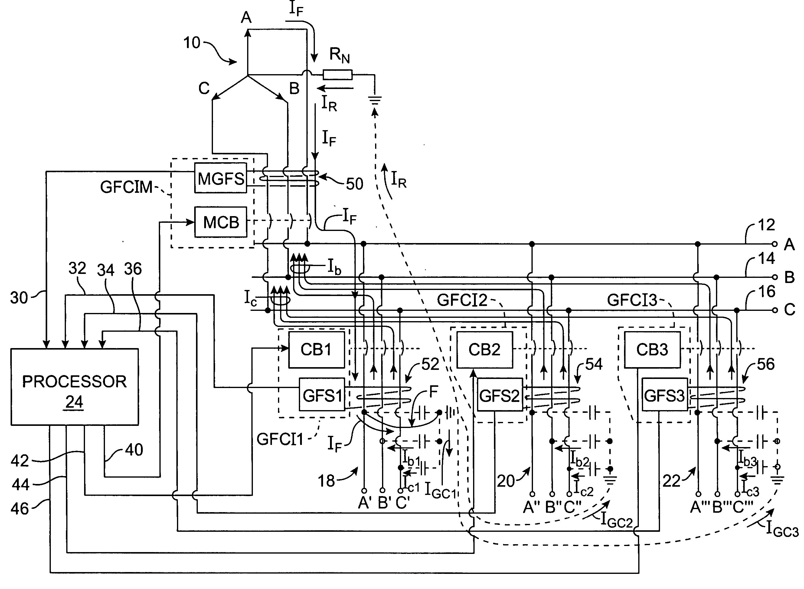 Ground-fault circuit-interrupter system for three-phase electrical power systems