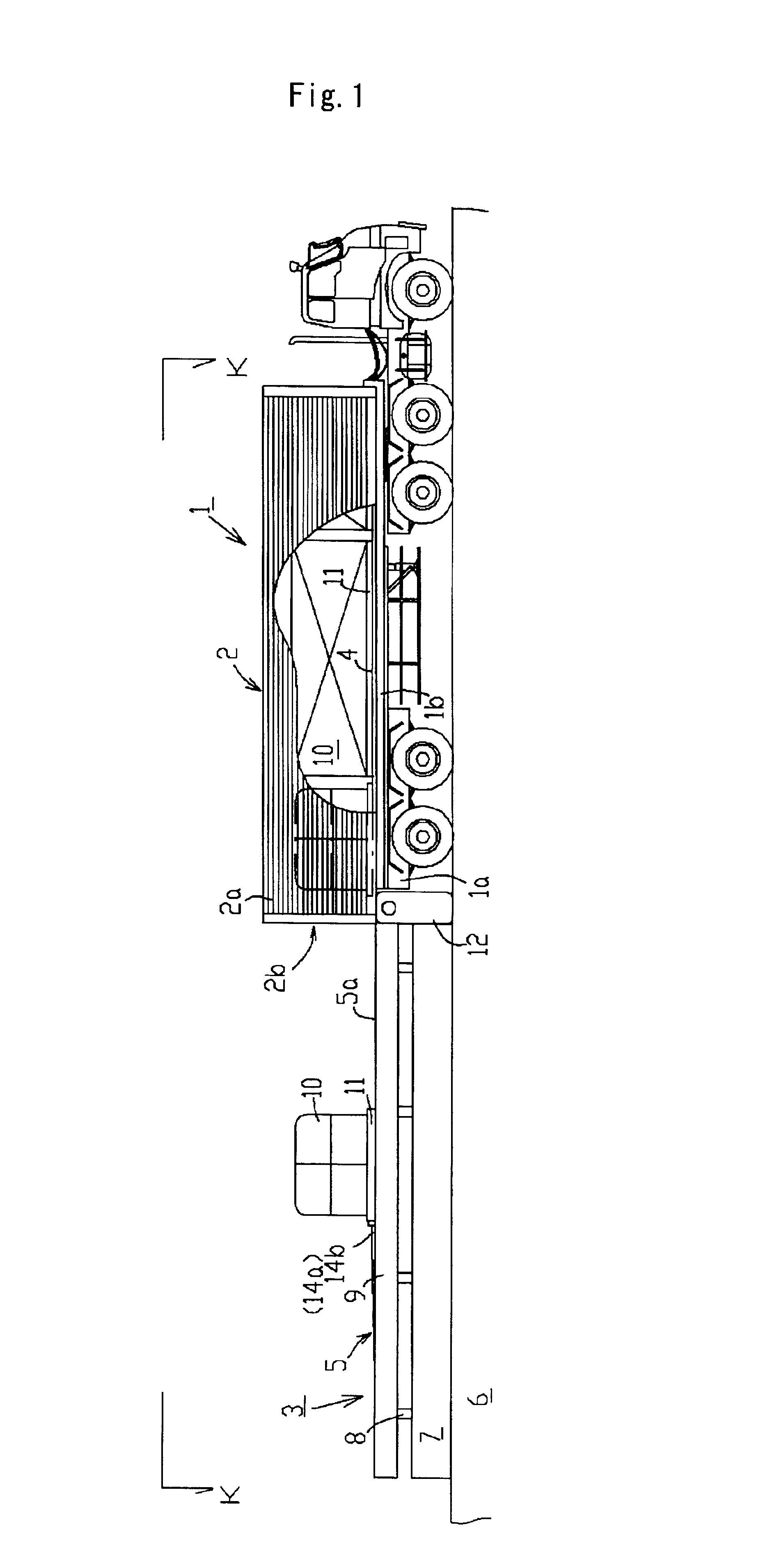 Device for carrying article into and from container, method for introducing and discharging article into and from container, and pallet for carrying article
