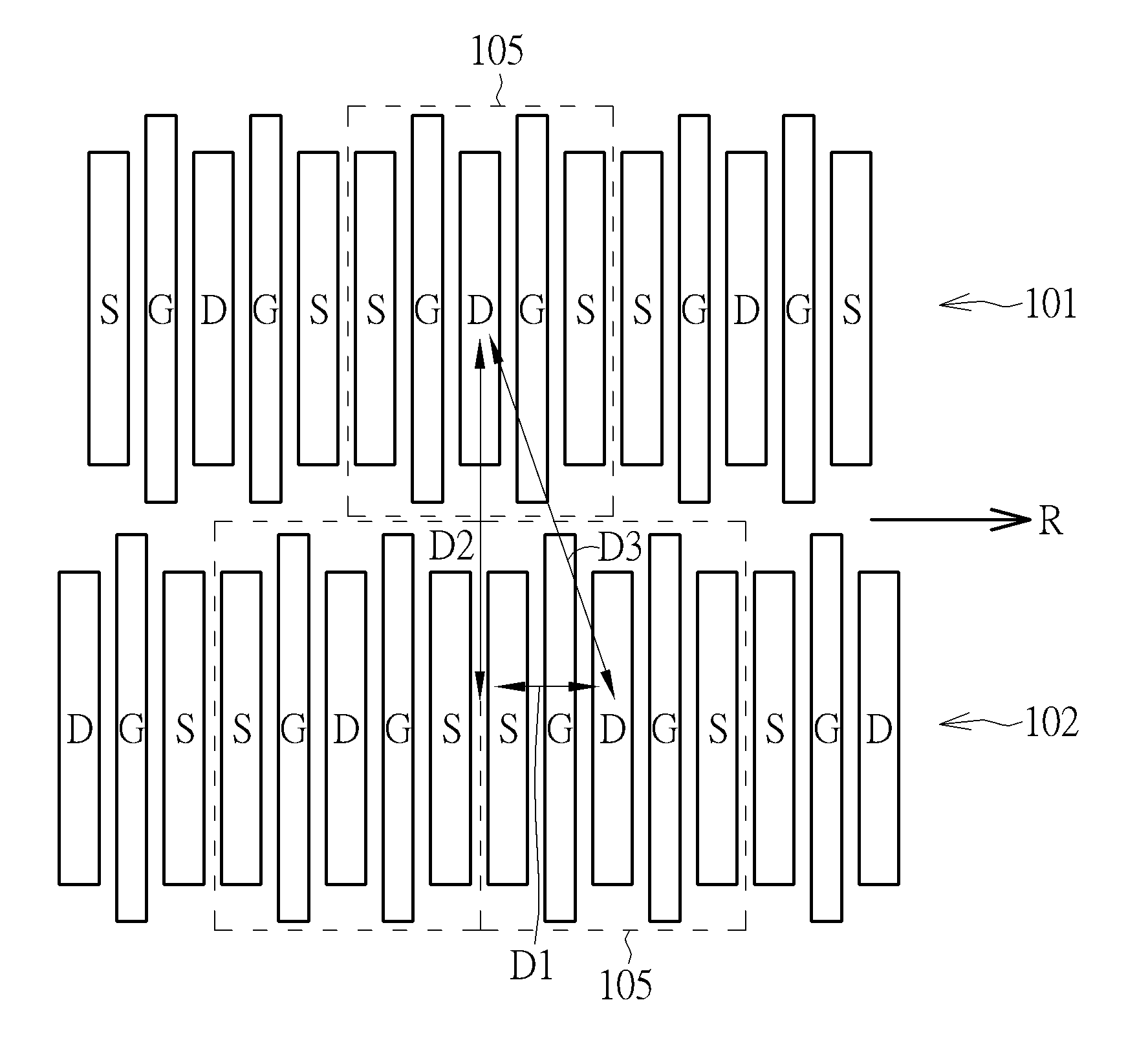 Power array with staggered arrangement for improving on-resistance and safe operating area