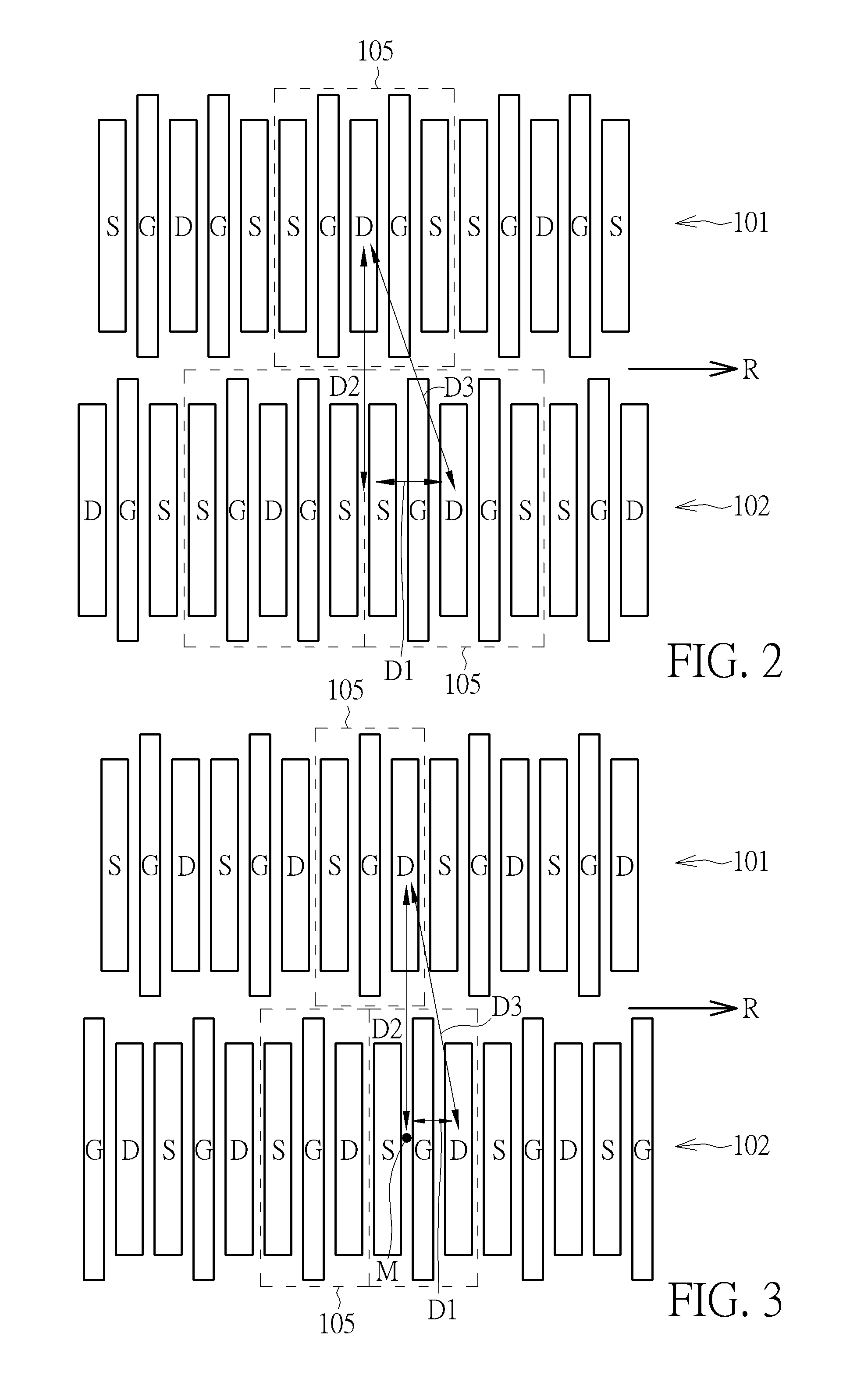 Power array with staggered arrangement for improving on-resistance and safe operating area