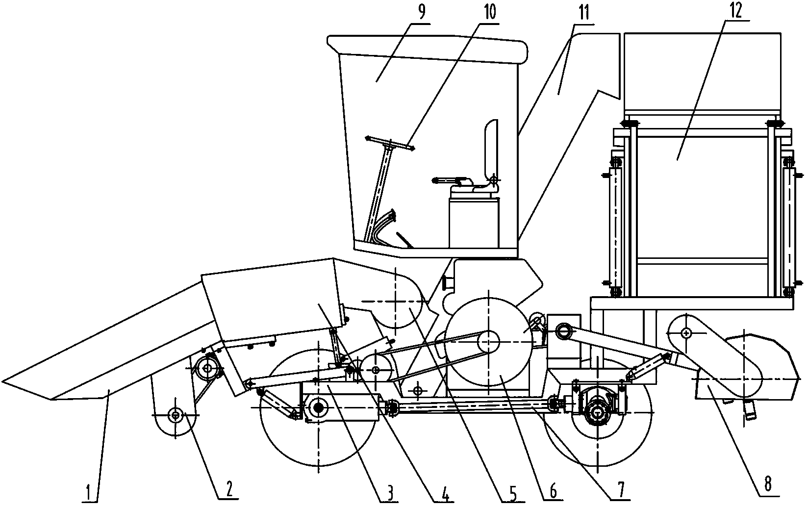 Four-wheel-driven three-row corn harvester with front husking machine
