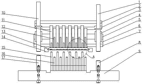 Double-station separating die for high-density pin integrated circuit and using method thereof