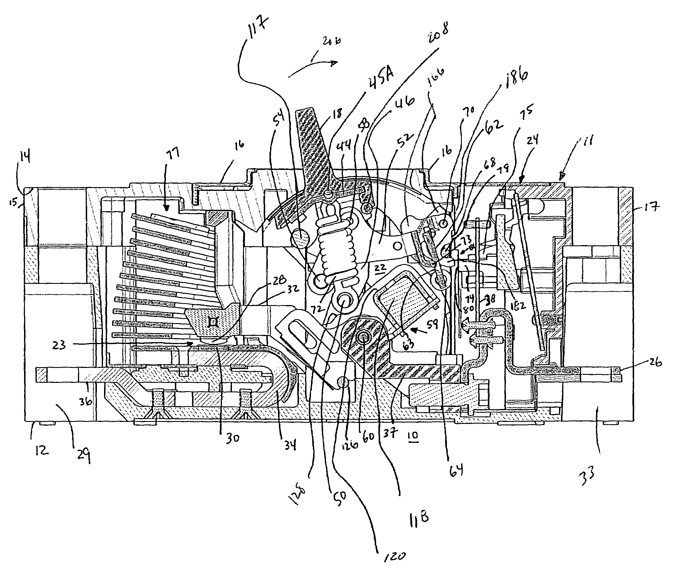 Circuit breaker including a latchable cradle and a cross bar adapted to move in an arcuate path away from primary and secondary latches