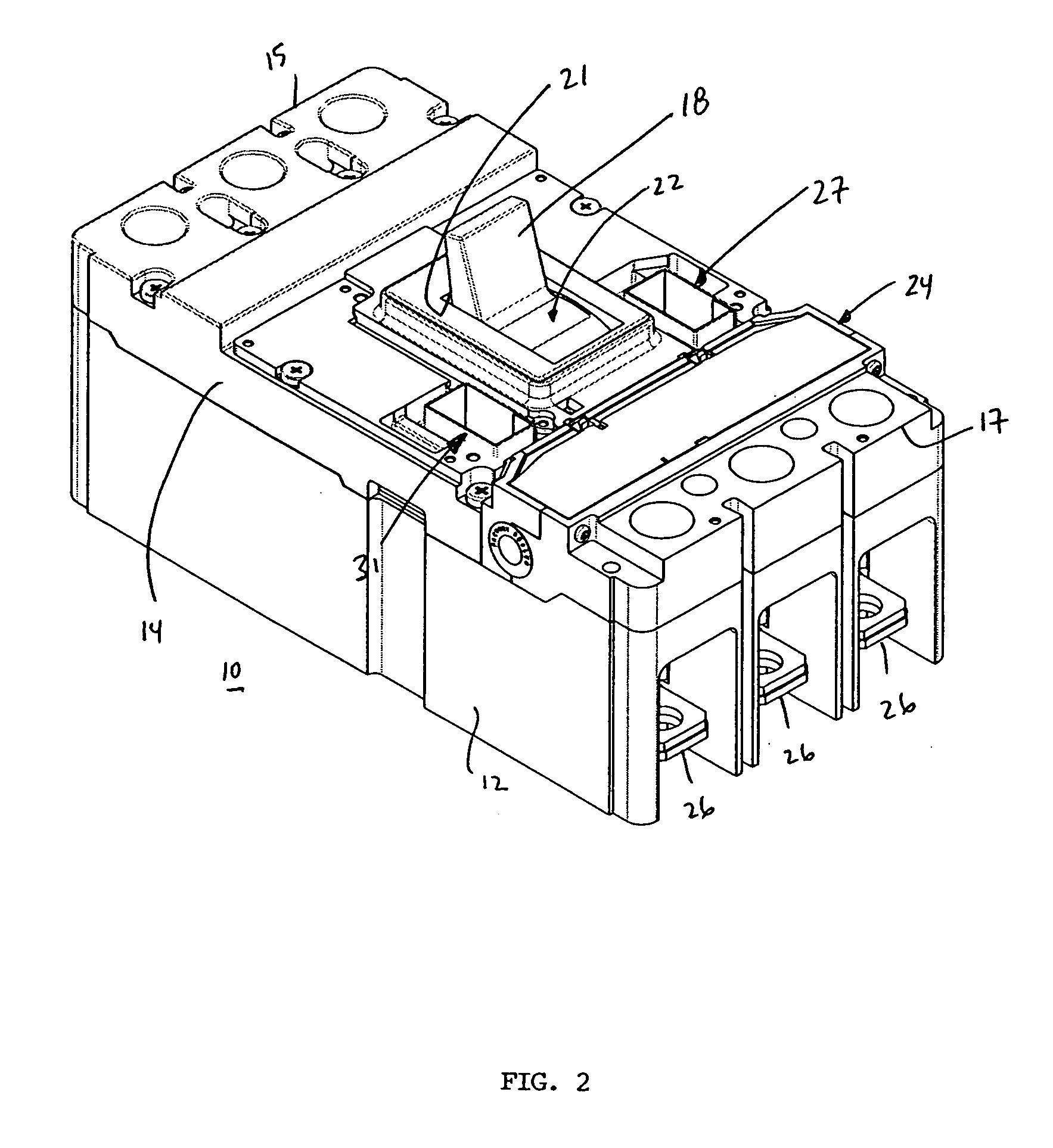 Circuit breaker including a latchable cradle and a cross bar adapted to move in an arcuate path away from primary and secondary latches