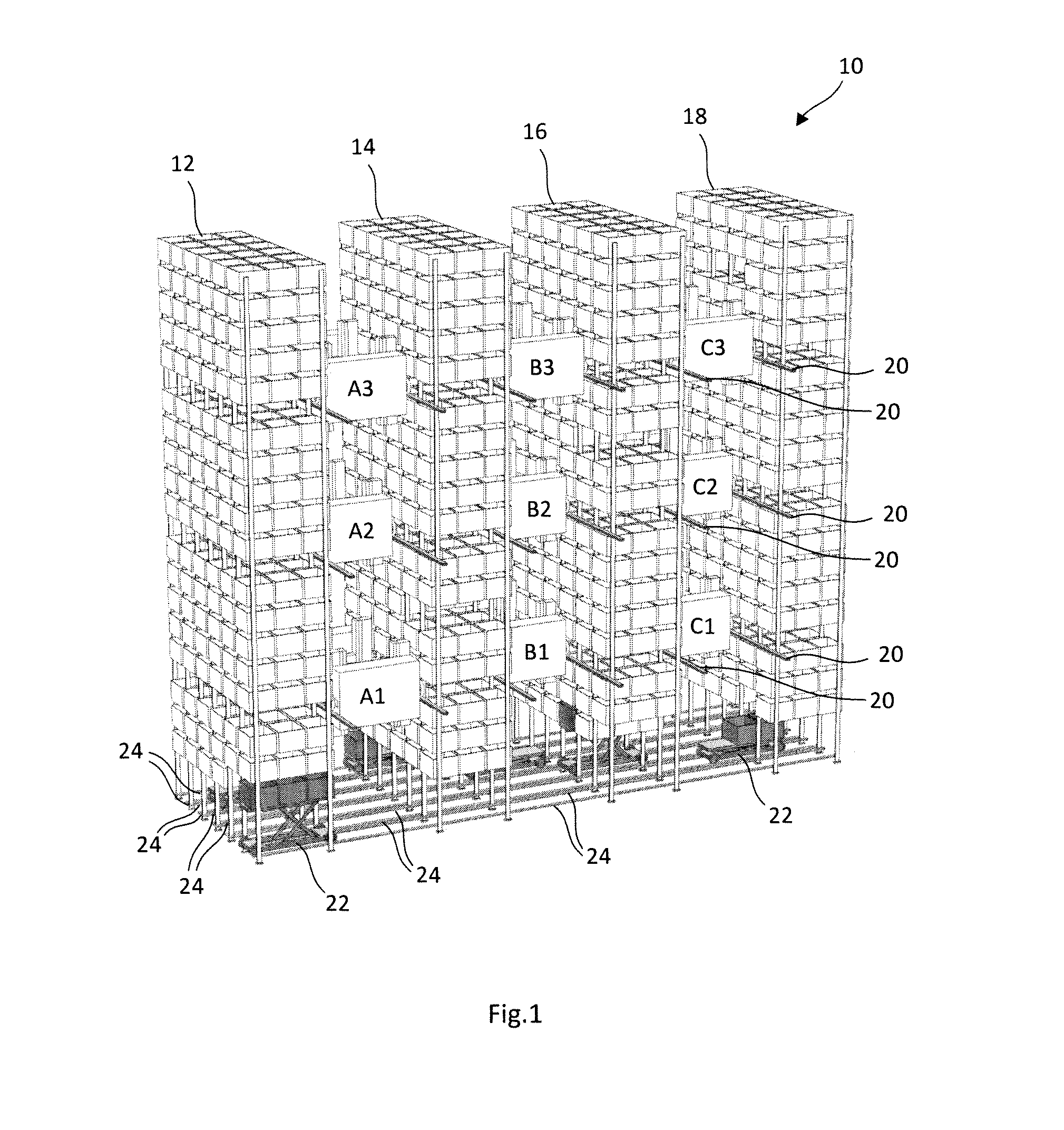 Multi-level storage system with transportation devices movable in substantially perpendicular directions and method of transferring containers in desired sequence