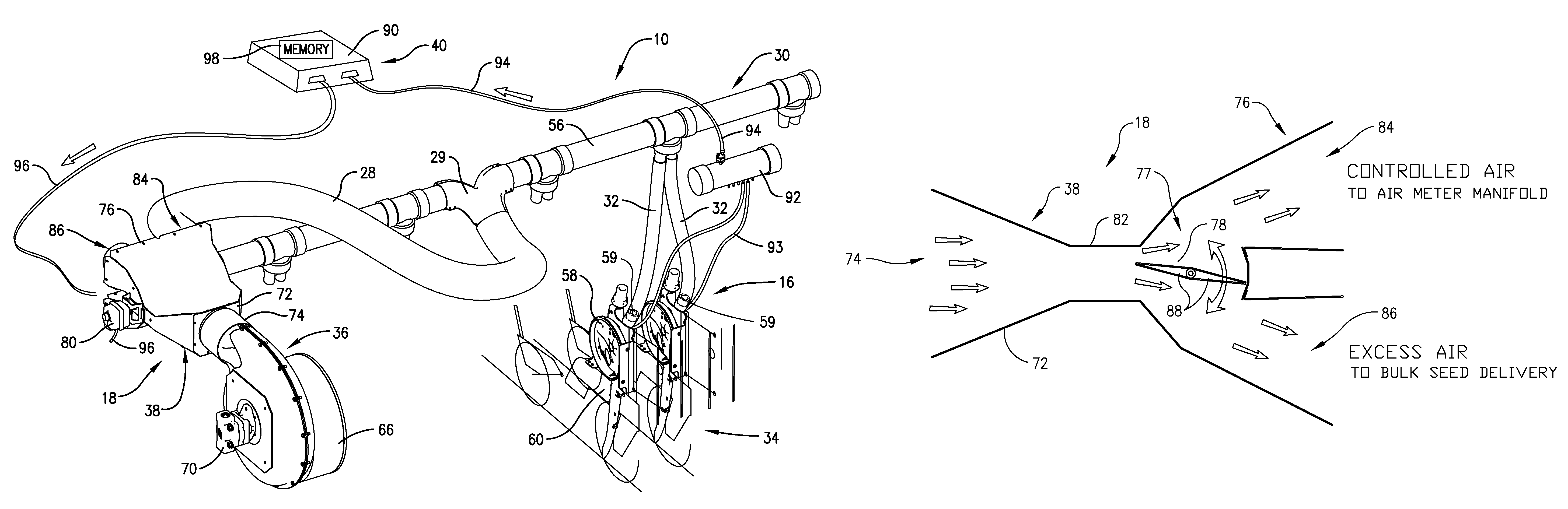 Air-assisted planting system having a single fan with pressure-responsive splitting of air streams for conveying and metering functions