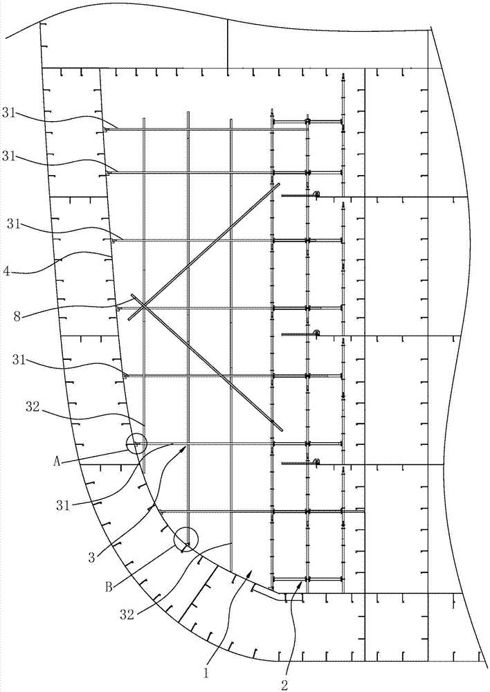 Method for building scaffold device in hyperboloid linear cabin