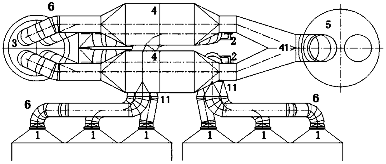 Combined layout structure of the rear flue air system with six outlets of dust collectors in power plants