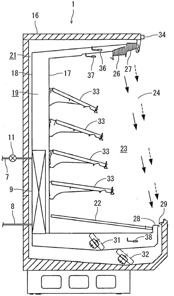 Open-type display cabinet and refrigeration device thereof