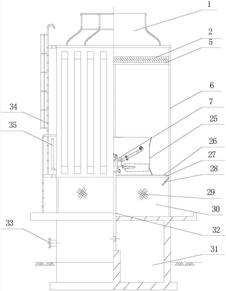 Water kinetic energy type filler-free cooling tower