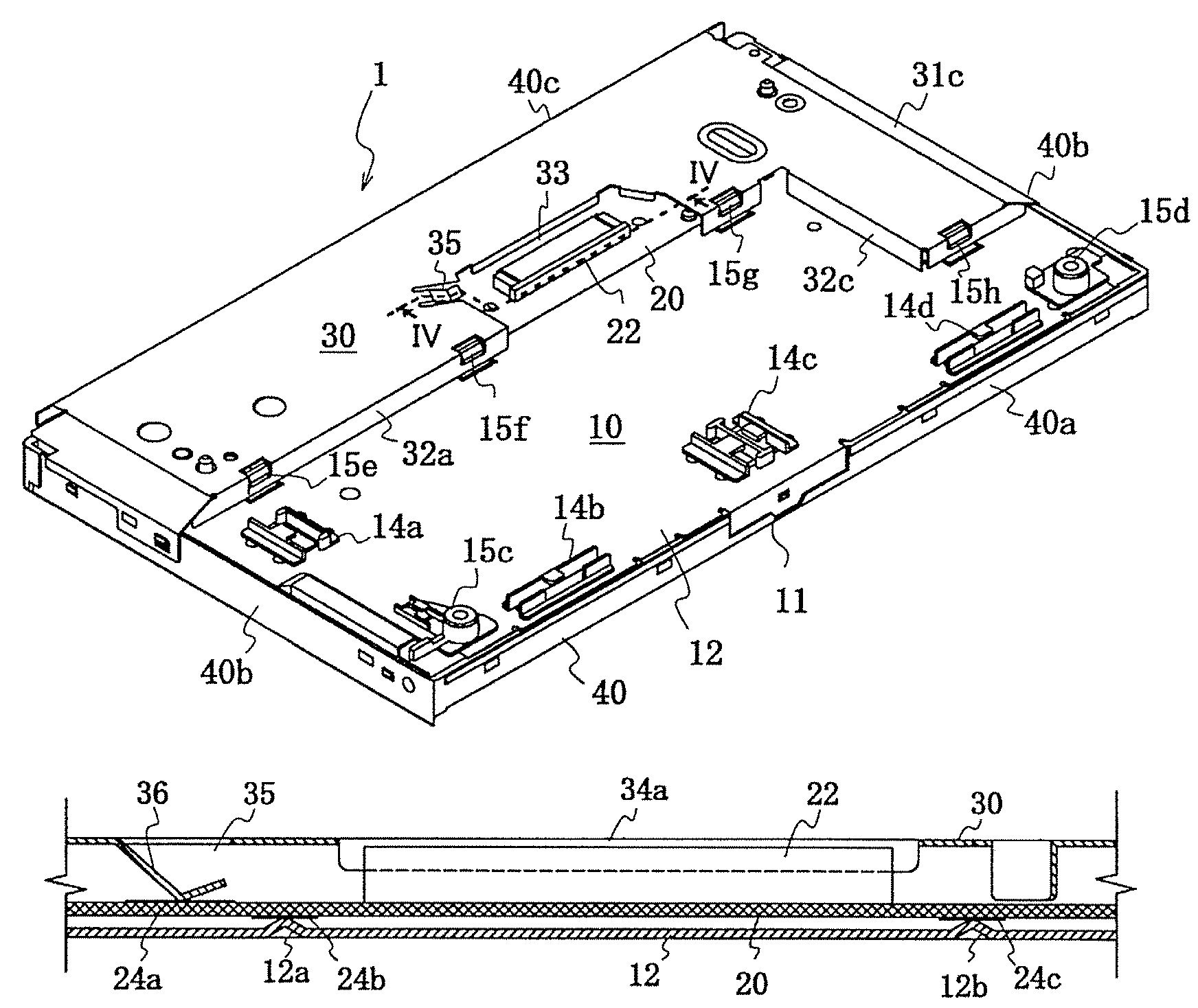 Liquid crystal display with elastic ground contact on first side and multiple ground contacts on second side of drive circuit board