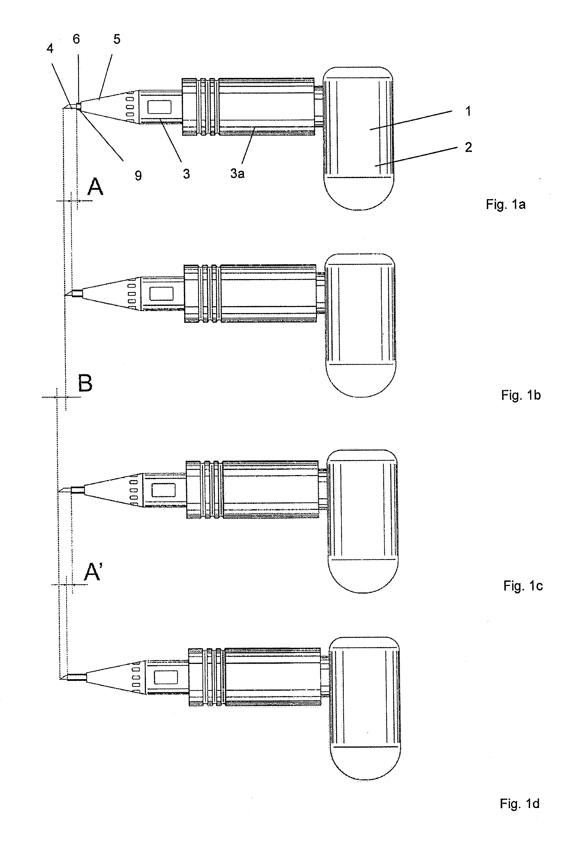 Hand-held device for piercing a human or animal skin, and needle module
