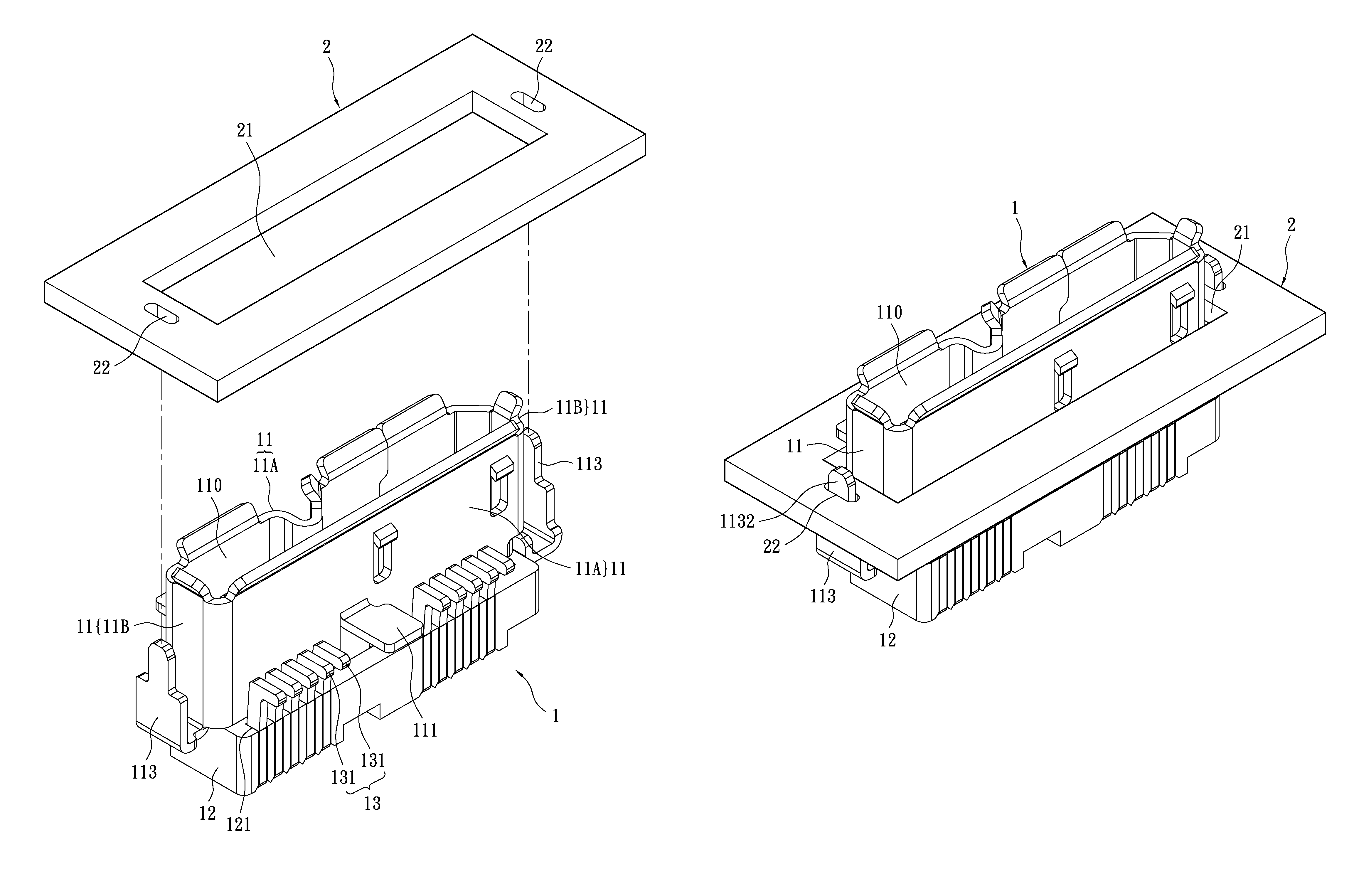 Connector mounted vertically through a hole in a printed circuit board