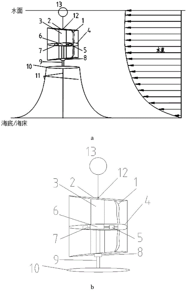 Shallow submerged floating horizontal axis ocean current power generation system with shroud