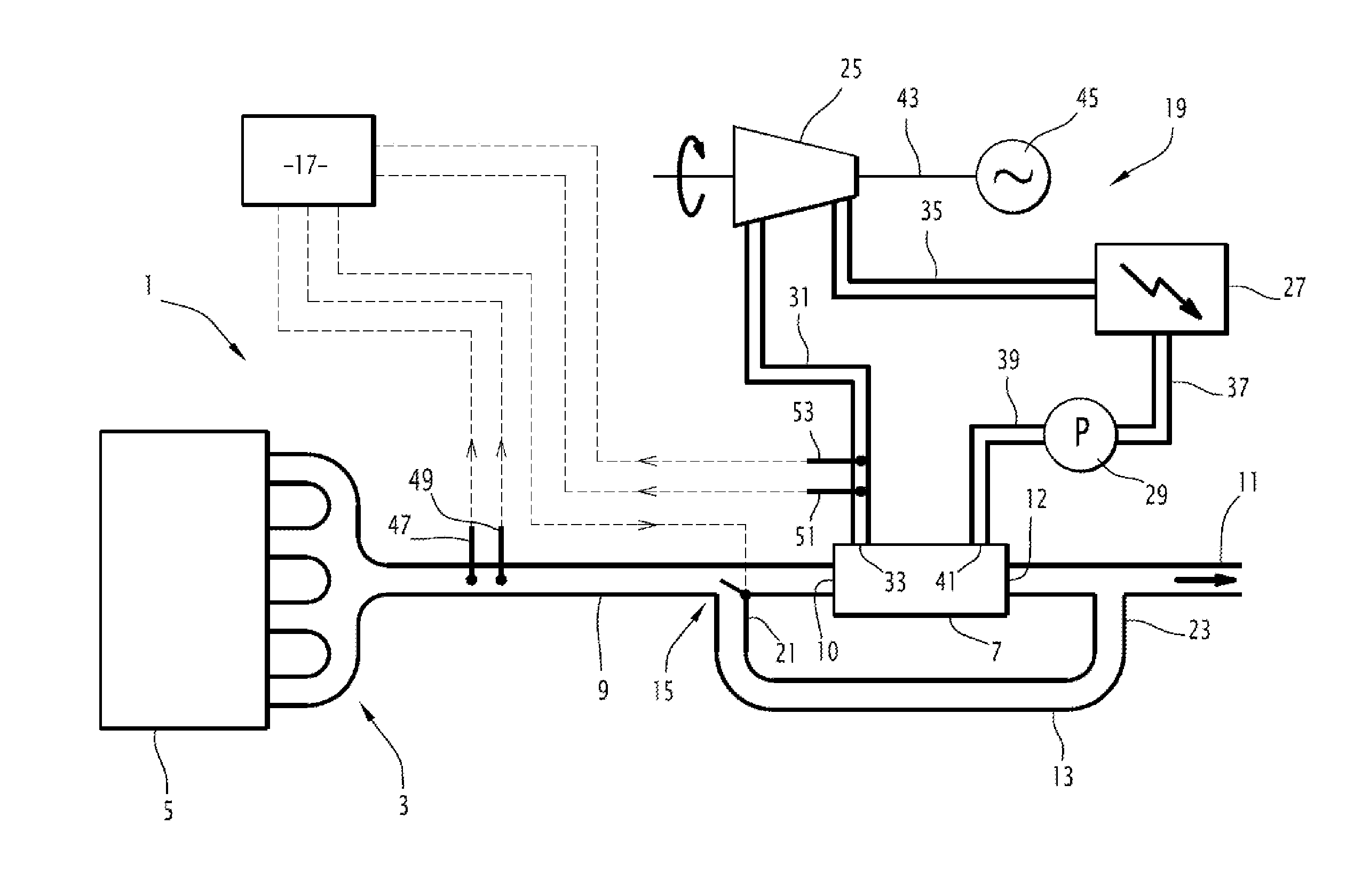Exhaust line for a motor vehicle with a closed recovery cycle for exhaust gas heat energy, and associated  control method