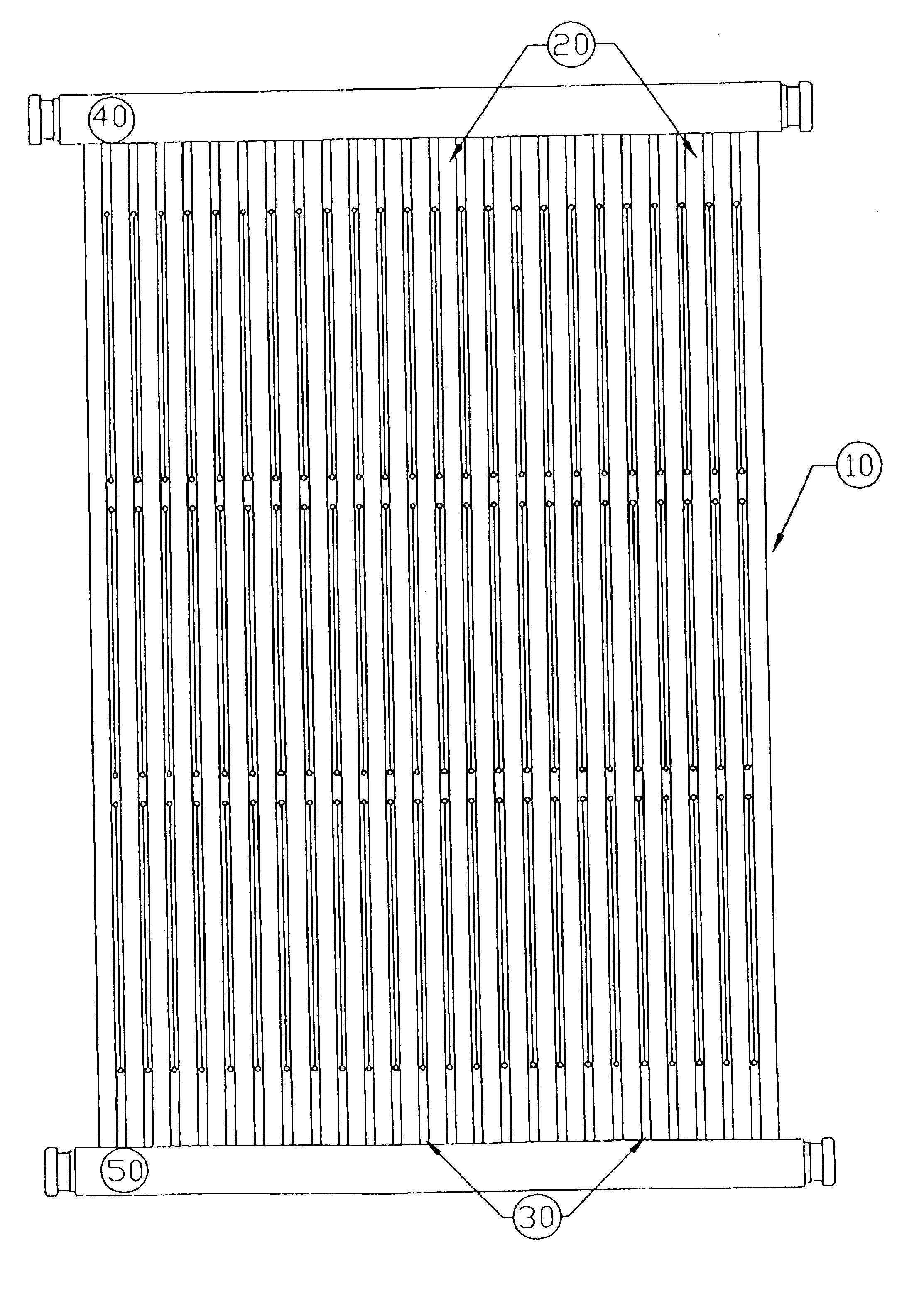 High efficiency tube mat solar collector having intermittently separated tubes and method for preventing damage to a solar collector
