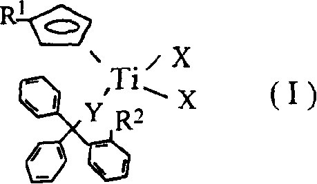 Titanium catalyst containing mixed single-cyclopentadiene and monodentate great-steric hindrance ligand and its prepn and application