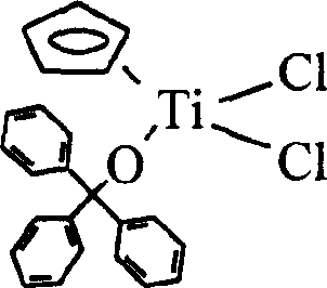 Titanium catalyst containing mixed single-cyclopentadiene and monodentate great-steric hindrance ligand and its prepn and application