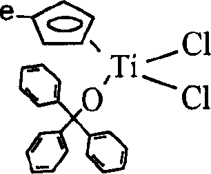 Titanium catalyst containing mixed single-cyclopentadiene and monodentate great-steric hindrance ligand and its prepn and application