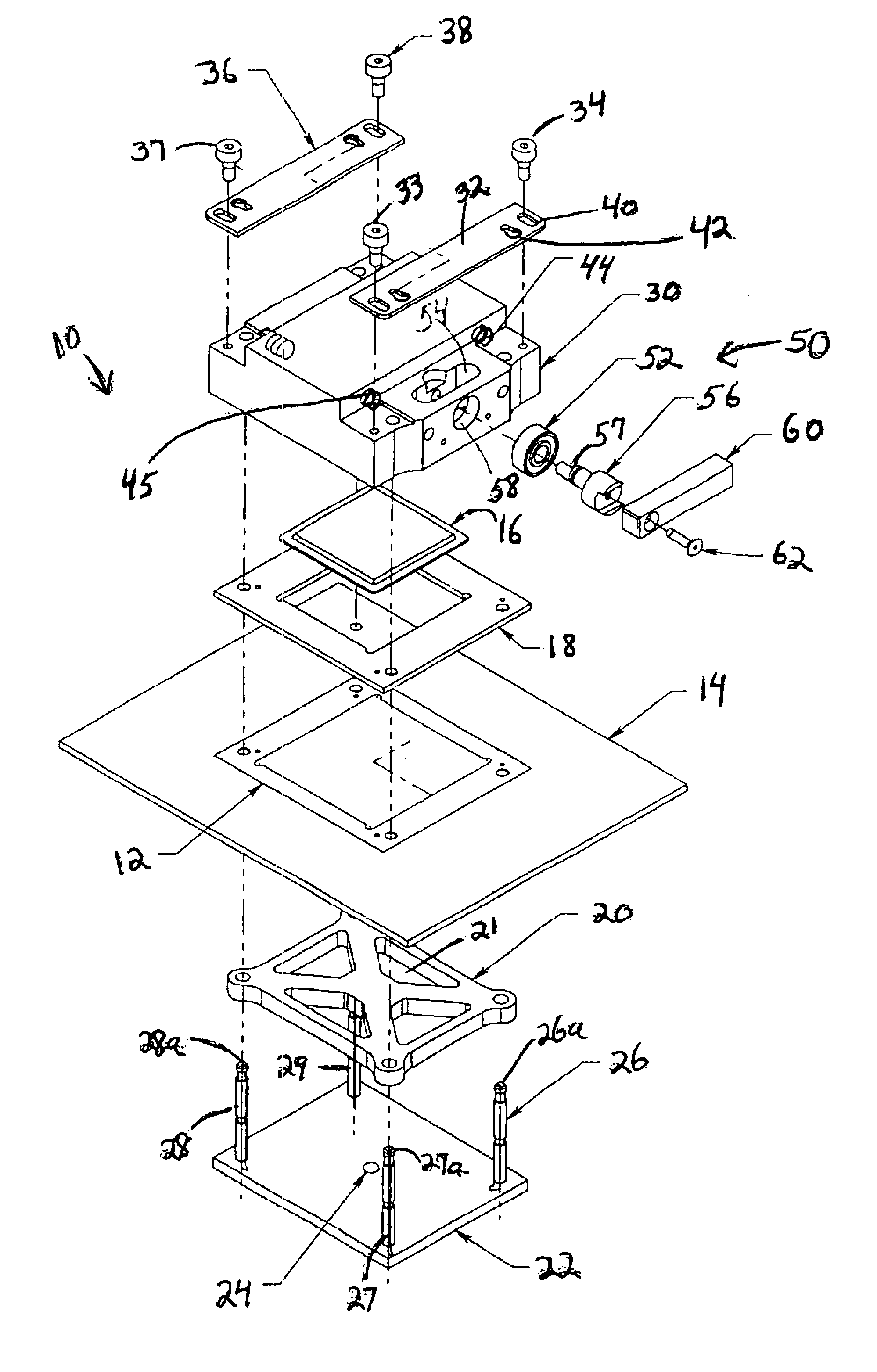 Apparatus for applying a mechanically-releasable balanced compressive load to an assembly such as a compliant anisotropic conductive elastomer electrical connector