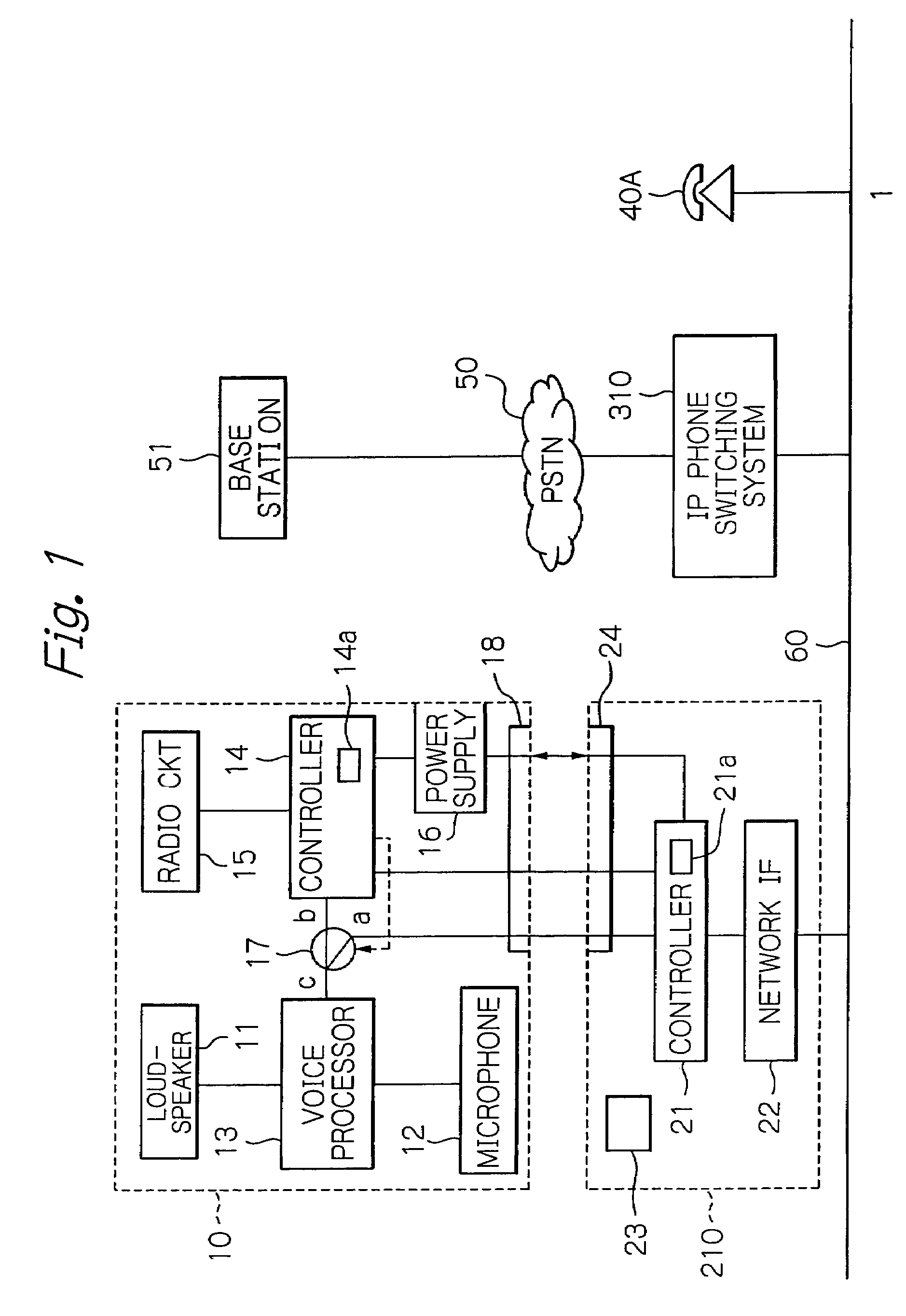 Switching system connecting a radio communication terminal via a LAN line to a public switched network or a leased line