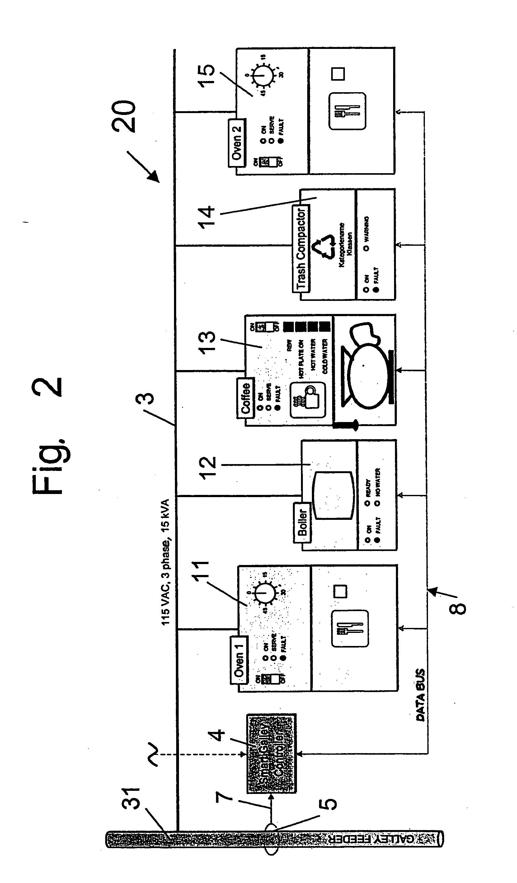 Intelligent power distribution management for an on-board galley of a transport vehicle such as an aircraft