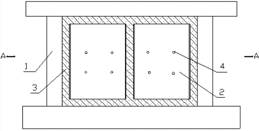 Shear wall formed by embedding energy-dissipation bars between frame and wall with inbuilt multiple H-shaped steel plates and construction method