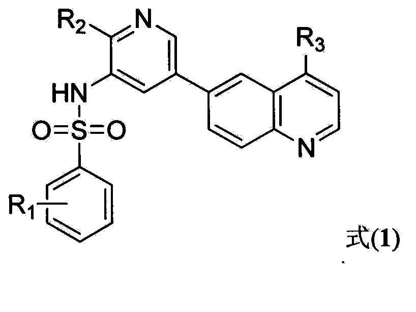 N-(5-(quinolyl-6-yl) pyridyl-3-yl)benzsulfamide derivatives, and preparation method and treatment use thereof