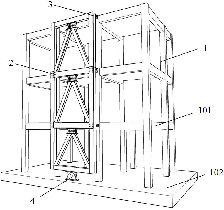 Externally-attached swing reinforcing device and method for controlling earthquake damage deformation of building structure