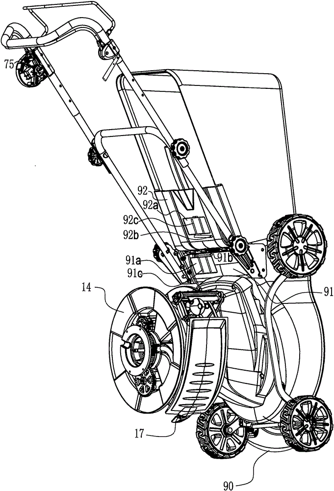 Lawn mower with grass blocking pulling device and grass shatter prevention device controlled by remote stay cord