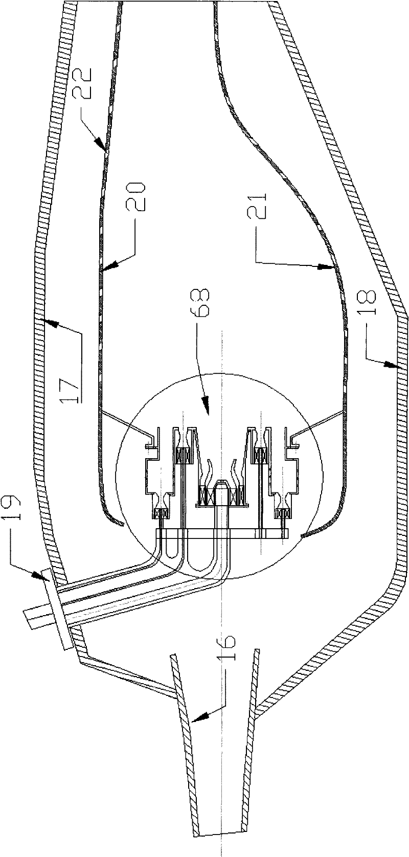 Circumferentially graded low-pollution combustion chamber with multiple middle spiral-flow flame stabilizing stages