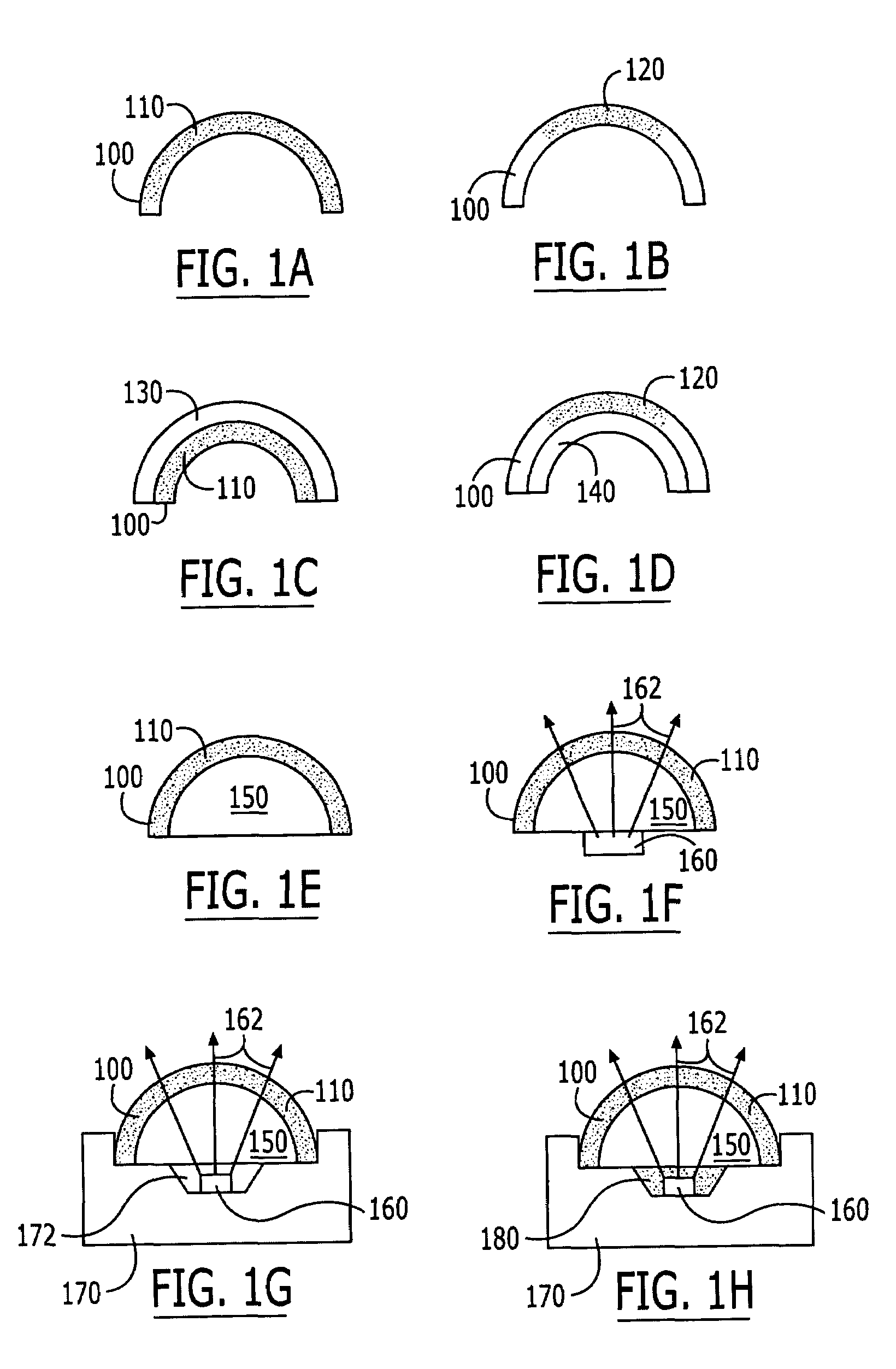 Transmissive optical elements including transparent plastic shell having a phosphor dispersed therein, and methods of fabricating same