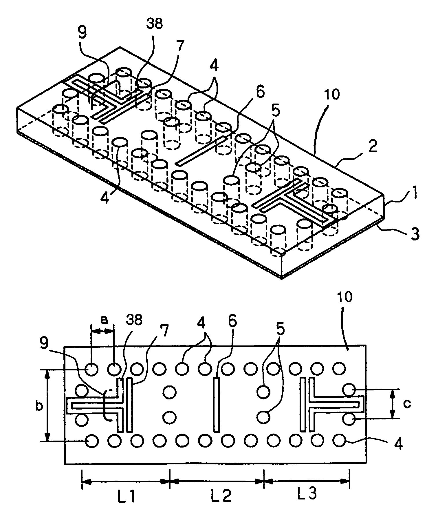 Dielectric waveguide filter with inductive windows and coplanar line coupling