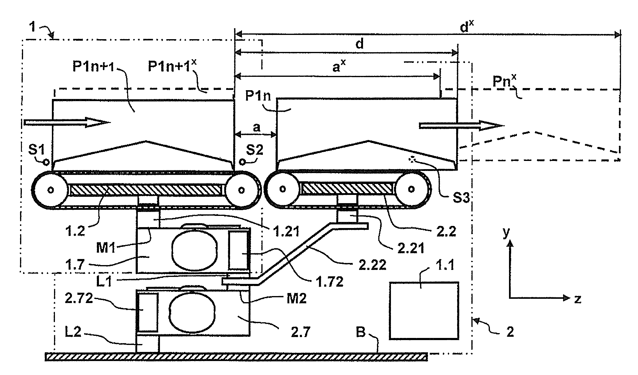 Dynamic scale with multiple, cascaded weighing pans, and method to operate the dynamic scale with cascaded weighing of items moving therethrough