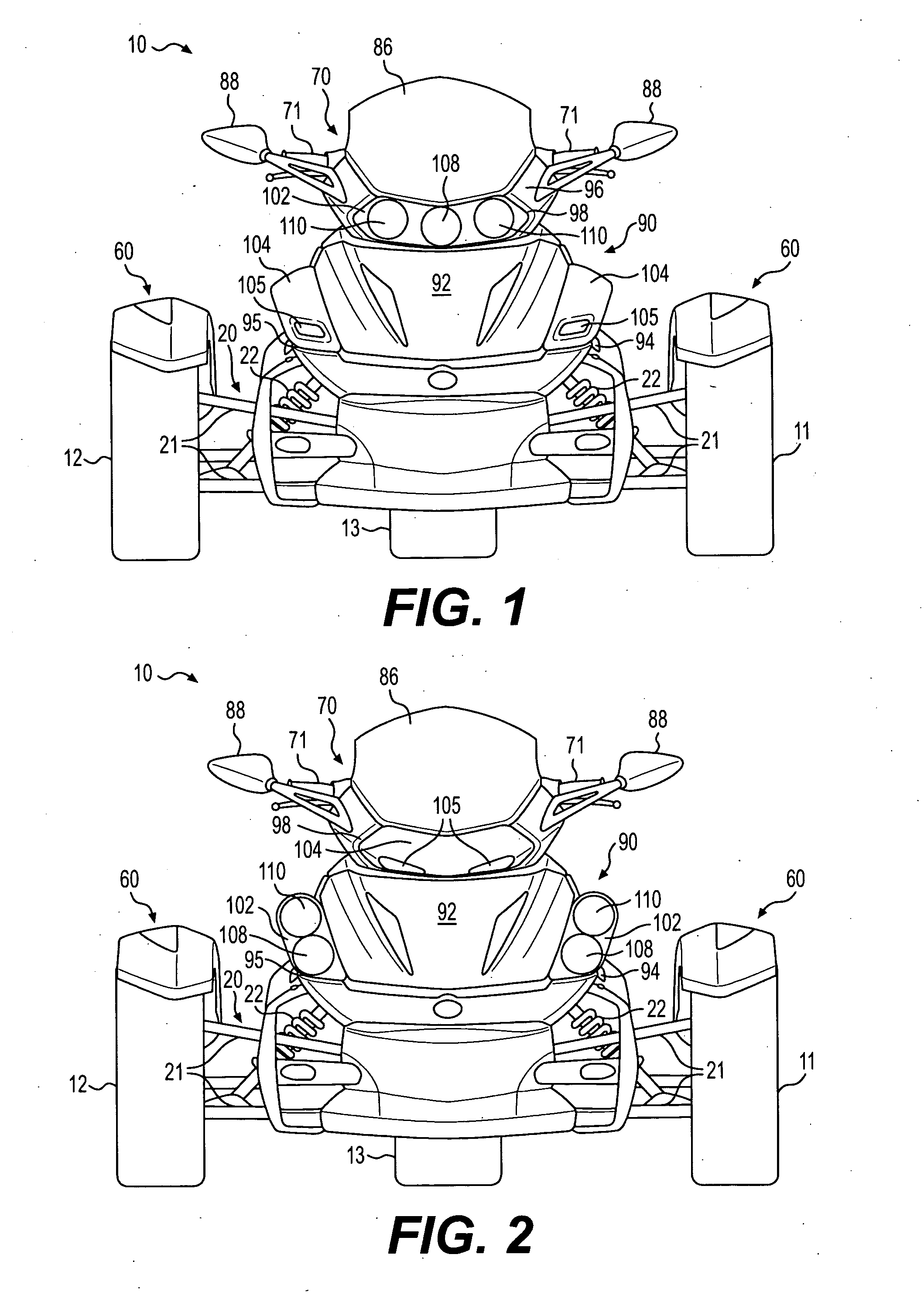 Modular front headlight for a three-wheeled vehicle
