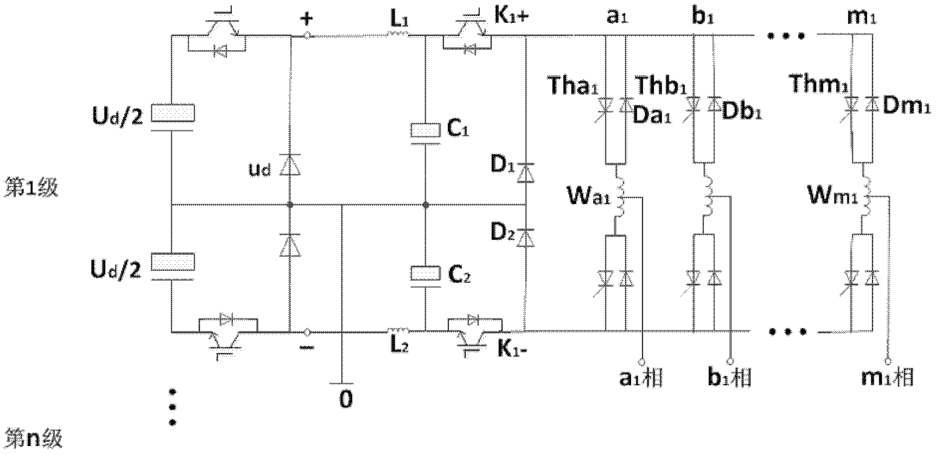 Multiphase square wave inverter realizing commutation by utilizing insulated gate bipolar transistors (IGBT) and consisting of thyristors