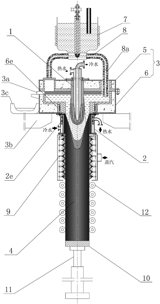 Continuous casting device and method of large-section round billet