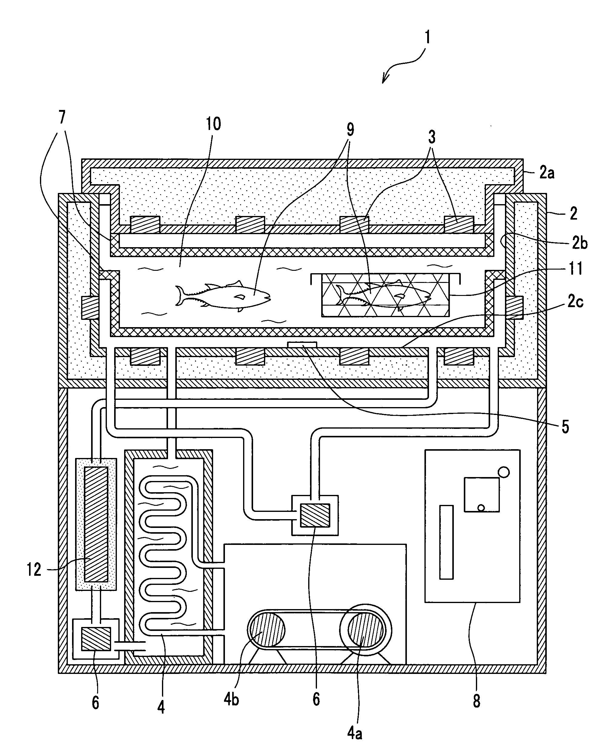 Apparatus for cooling food under water and maintaining water temperature therefor