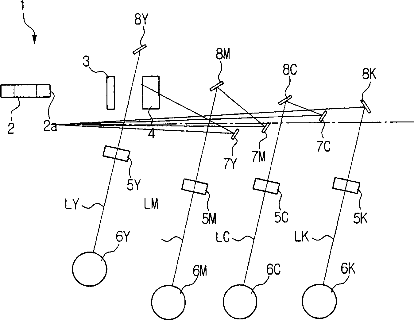 Laser scanning unit for splitting multiple light beams in a tandem image forming apparatus