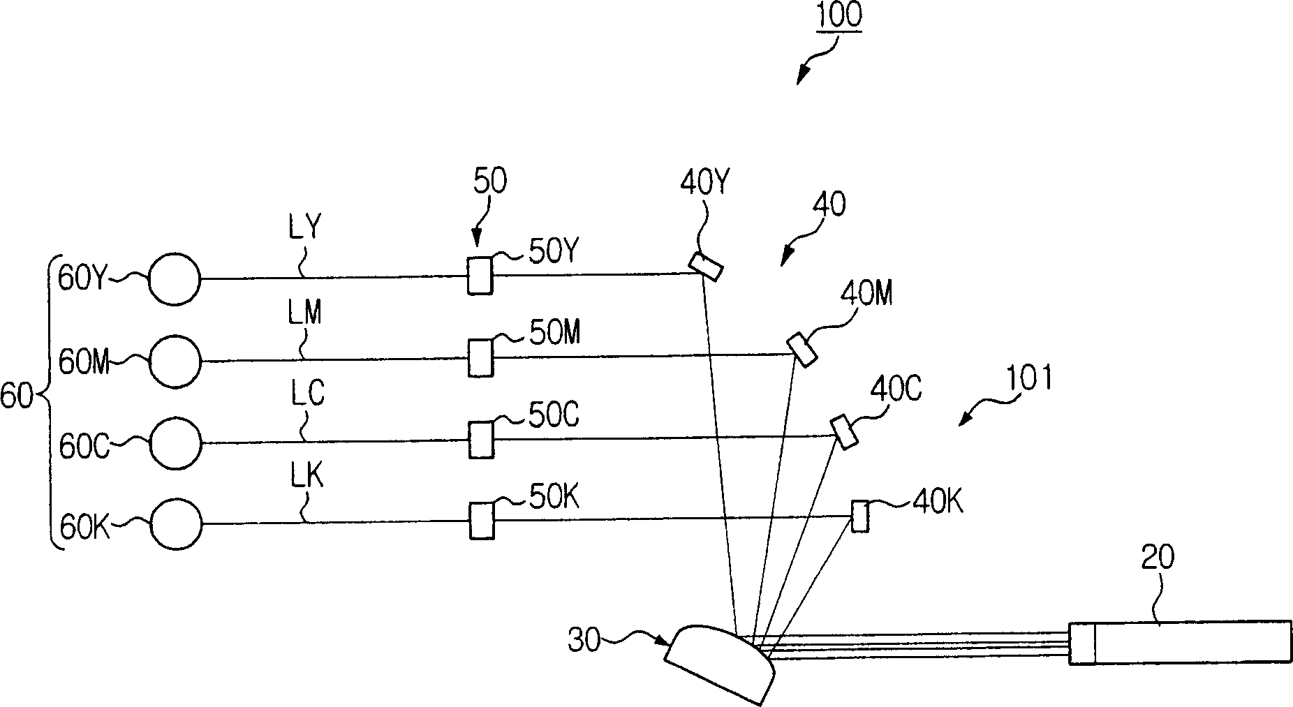 Laser scanning unit for splitting multiple light beams in a tandem image forming apparatus