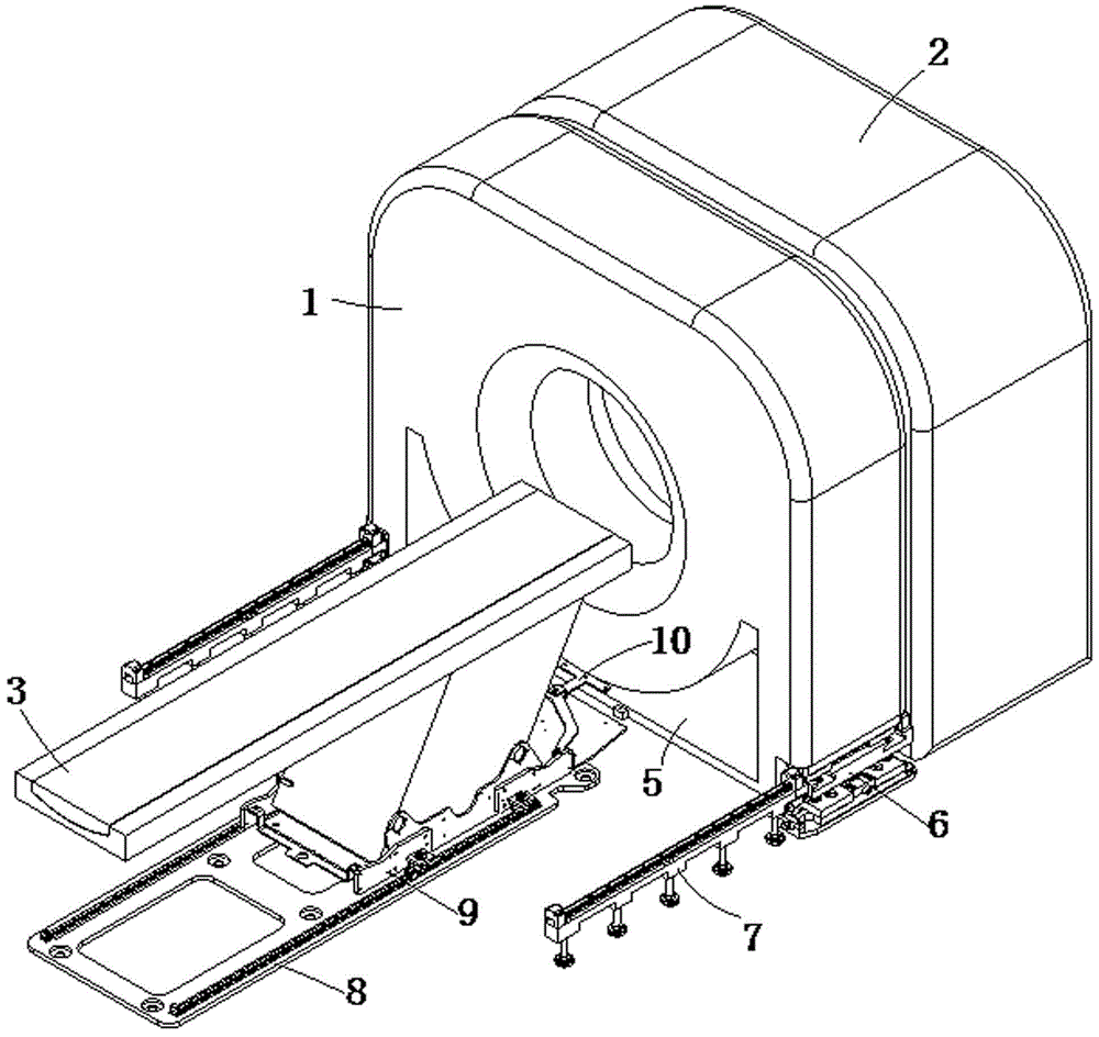 PET-CT (Positron Emission Tomography-Computed Tomography) arrangement system capable of reducing stroke of scanning table and disassembling and assembling method of PET-CT arrangement system
