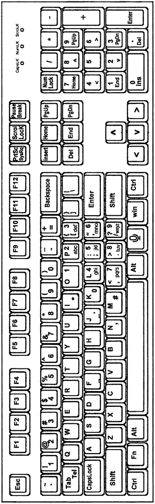 Computer keyboard with telephone keyboard, and electronic equipment
