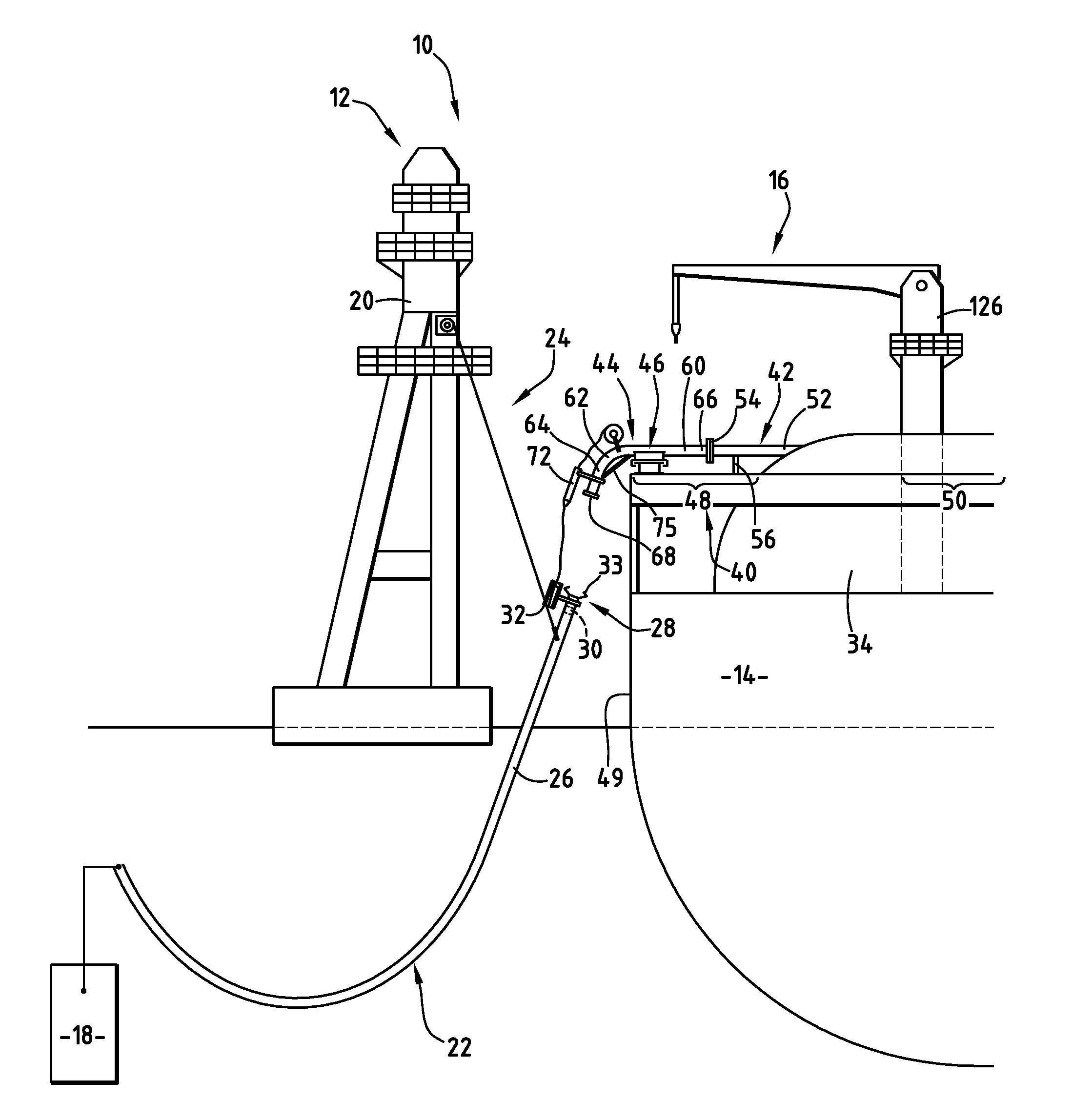 Device for transferring a fluid to a ship