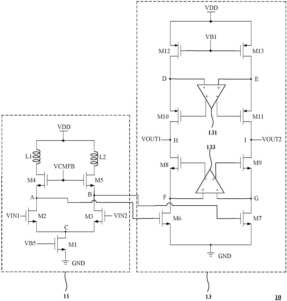 Operational amplifier and analog-digital converter with inductor and double power supplies