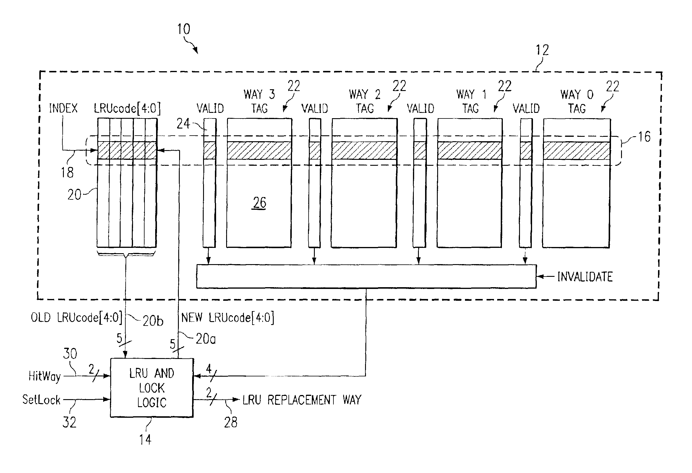Cache memory for identifying locked and least recently used storage locations